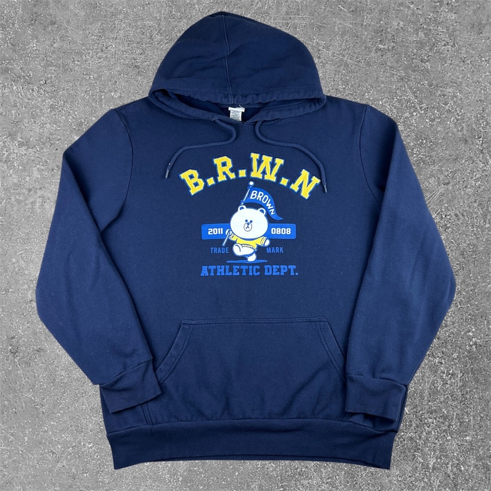 Line Friends Hoodie Mens Large Navy Blue Brown Bear Athletic Dept Pullover Cozy